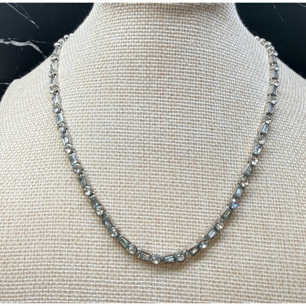 Monet Vintage Silver Tone Crystal Tennis Necklace Baguette Round Mixed Cut